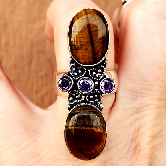 New Stunning Oversized Tiger Eye and Amethyst 925 Silver Statement Ring. - Picture 4 of 16